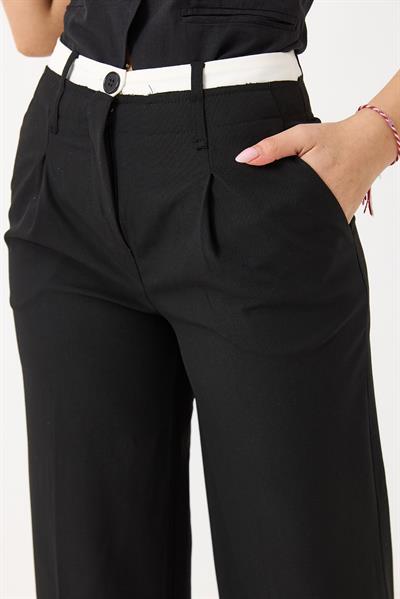 Kadın Yüksek Bel Cepli Bol Paça Pileli Palazzo Kumaş Pantolon Siyah