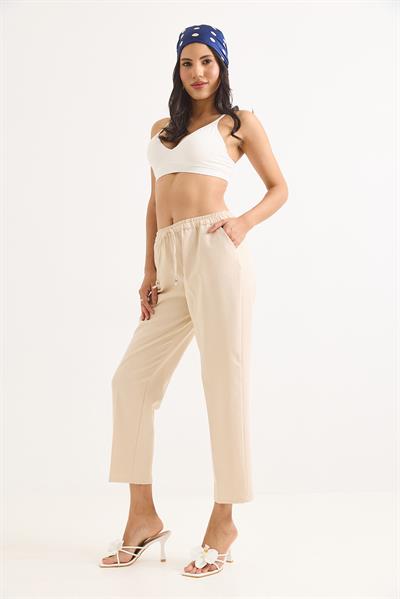 Beli Lastikli Kısa Paça Double Krep Pantolon Krem