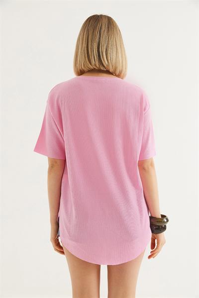 Bisiklet Yaka  Kısa Kol Basic Tshirt Pembe