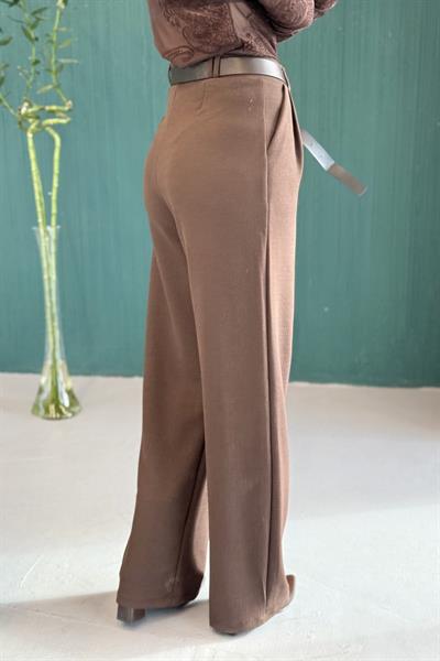 Likralı Krep Örme Kumaş Kemerli Salaş Pantolon Kahverengi
