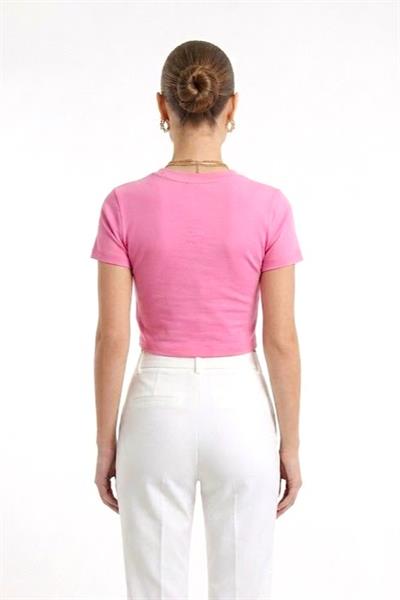 Kadın Bisiklet Yaka Düz Crop Bluz Pembe