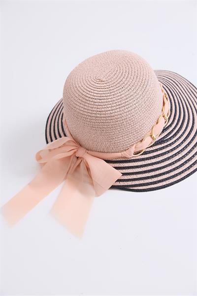 Zincir Fiyonk Aksesuarlı Hasır Şapka Pembe