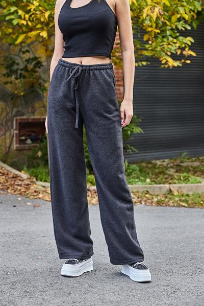 Kadın Selanik Yüksel Bel Esnek ve Dökümlü Triko Pantalon Füme