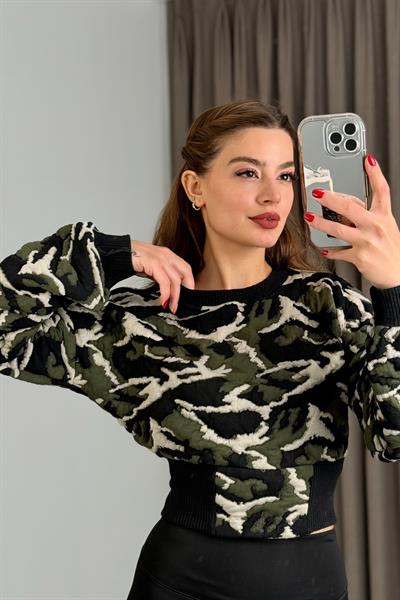 Kadın Haki Kamuflaj  Crop Sweat