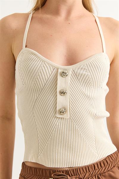 İp Askılı Ajurlu Triko Bluz Bej