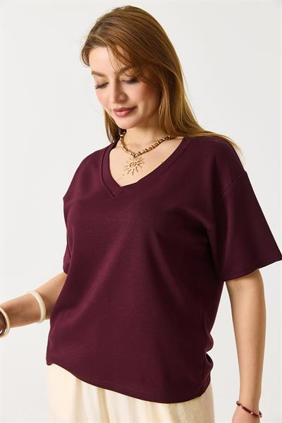 Kadın V Yaka Modal Kısa Kollu Tshirt  Bordo