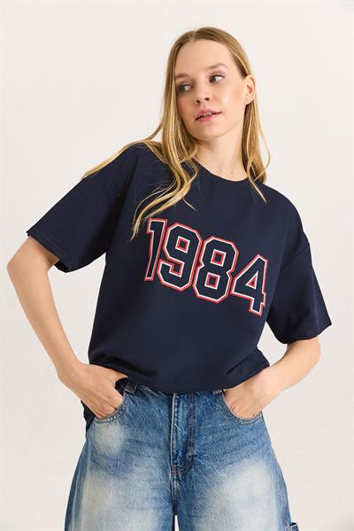 1984 Baskılı Oversize Tshirt Lacivert