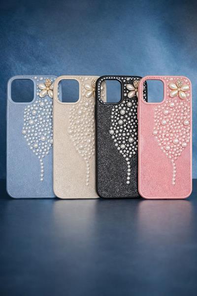 İphone 16 Pro Max Uyumlu İnci ve Glitter Detaylı Kılıf Antrasit