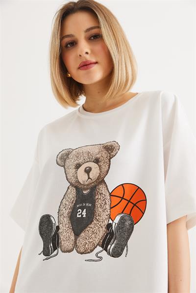 Ayıcık Baskılı Bisiklet Yaka Tshirt Beyaz