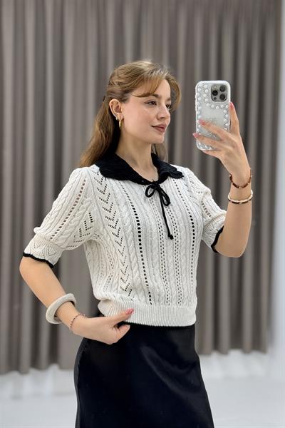 Polo Yaka Ajurlu Triko Bluz Bej