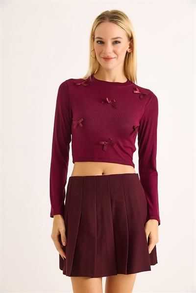 Kadın Kurdeleli Uzun Kollu Crop Bluz Bordo