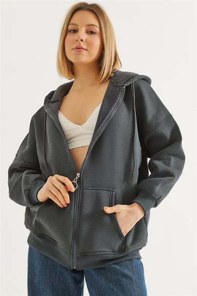 Kapüşonlu Fermuarlı Cepli Oversize Şardonlu Sweatshirt Antrasit
