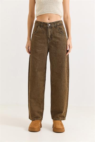 Kadın Bol Paça Kot Pantalon  Kahverengi