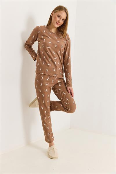 Kadın Bisiklet Yaka Bakılı Pijama Takımı Vizon