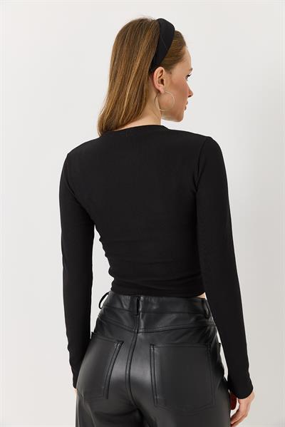 Kadın Yırtmaçlı Düğmeli Kaşkorse Uzun Kollu Bluz Siyah