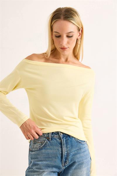 Kadın Geniş Yaka Uzun Kollu Bluz Sarı