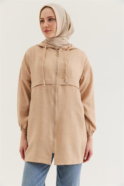 Araboy Kapşonlu Keten Kap Bej