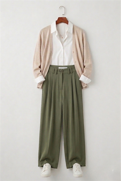 Kadın Yüksek Bel Dökümlü Pantolon Yeşil