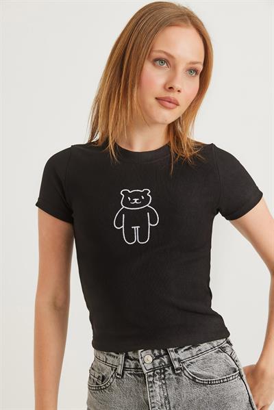 Ayıcık Nakışlı Kaşkorse Bluz Siyah