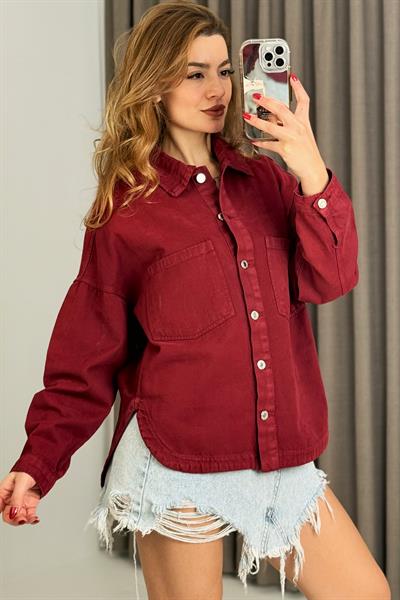 Kadın Çift Cepli Oval Kesim Kot Gömlek Ceket Bordo