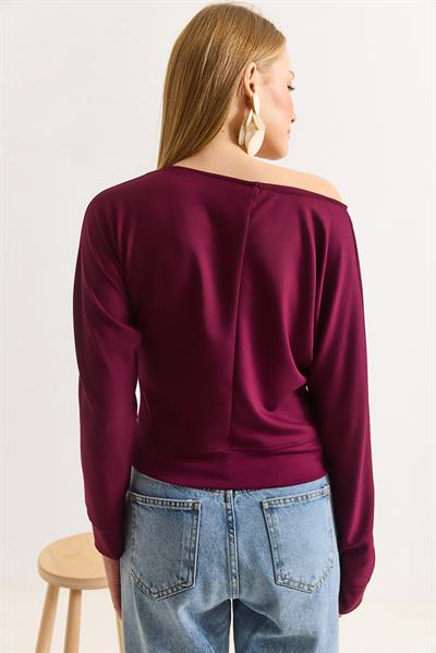 Kadın Beli Bantlı Yarasa Yumuşak Dokulu Bluz Bordo