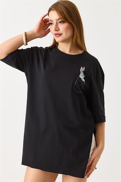 Kadın Yanları Yırtmaçlı Oversize  Basic Tshirt  Siyah