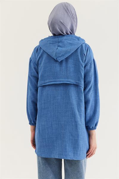 Araboy Kapşonlu Keten Kap Mavi