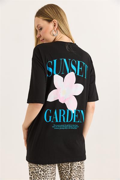 Ön Arka Baskılı Bisiklet Yaka Tshirt Siyah