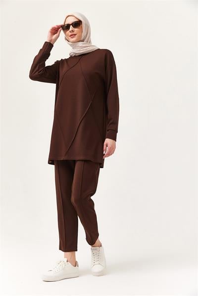 Kadın Çapraz Çizgili İkili Takım Kahve