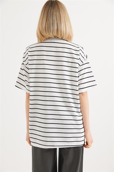 Çizgili İki İp Bayan Tshirt Beyaz