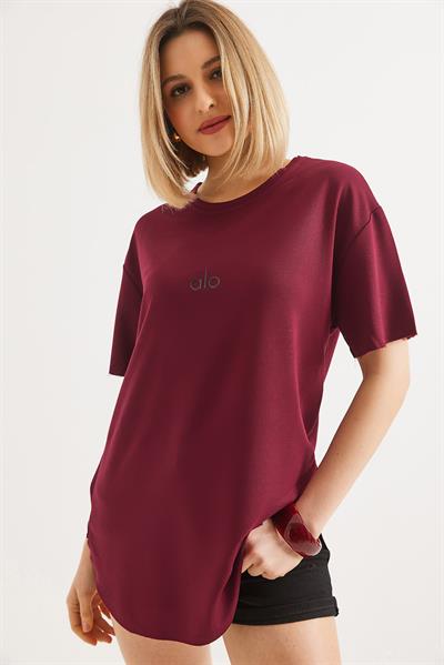 Eteği Oval Kesim Bisiklet Yaka Tshirt Bordo