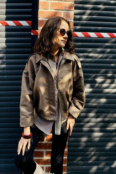 Kadın Kadife Kumaş Oversize Salaş Mont Vizon