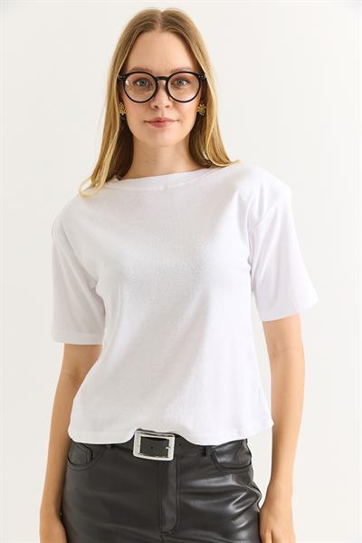 Vatkalı Bisiklet Yaka Basic Tshirt Beyaz