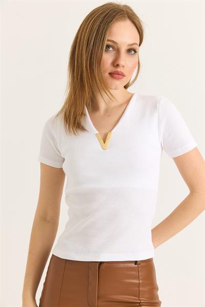 Yaka V Detay Kısa Kol Kaşkorse Bluz Beyaz