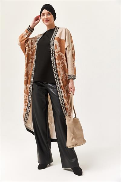 Oversize Şerit Detaylı Kimono Hırka Taba