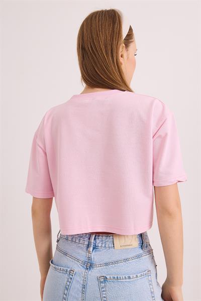 Bisiklet Yaka İki İplik Crop Bluz Açık Pembe