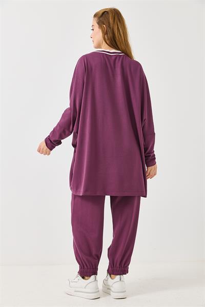 Kadın Beli Lastikli Dökümlü Model Oversize Eşofman Takım Mürdüm