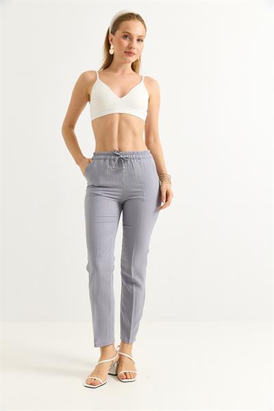 Beli Lastikli Çizgi Desenli Krep Pantolon Gri