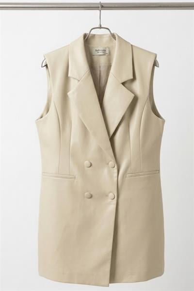 Kadın Kruvaze Yaka Düğmeli Kolsuz Yelek Bej