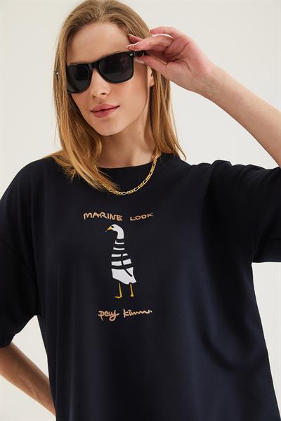 Bisiklet Yaka Oversize Baskılı Tshirt Lacivert