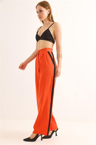 Yanları Şeritli Yüksel Bel Palazzo Pantolon Turuncu