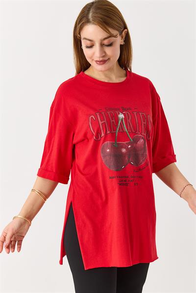 Kadın Kiraz Baskılı Yanları Yırtmaçlı Bisiklet Yaka Tshirt Kırmızı