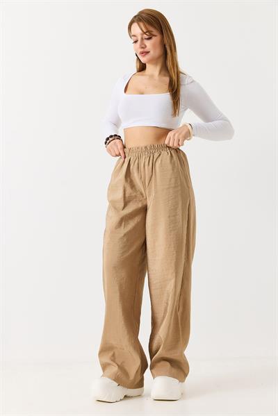 Kadın Bol Kesim Tensel Kumaş Beli Lastikli Sütlü Kahve