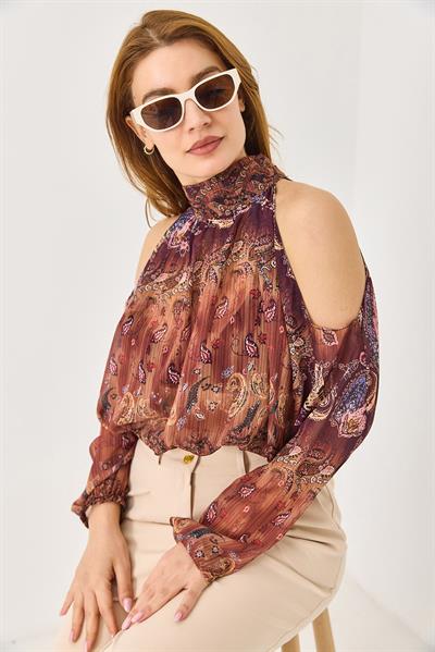 Halter Yaka Full Transparan Omuz Dekolteli  Bluz Kahverengi