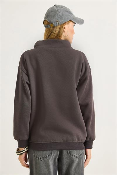 Kadın Yaka Fermuarlı 2 İplik Sweatshirt Füme