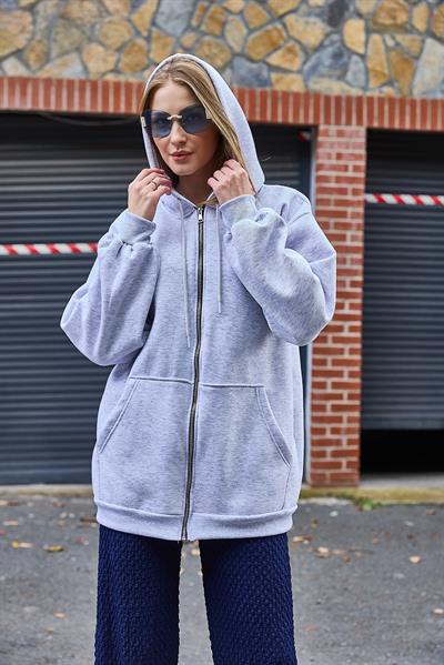 Kadın Taş Detaylı Üç İplik Oversize Kanguru Cep Sweat Hırka Gri