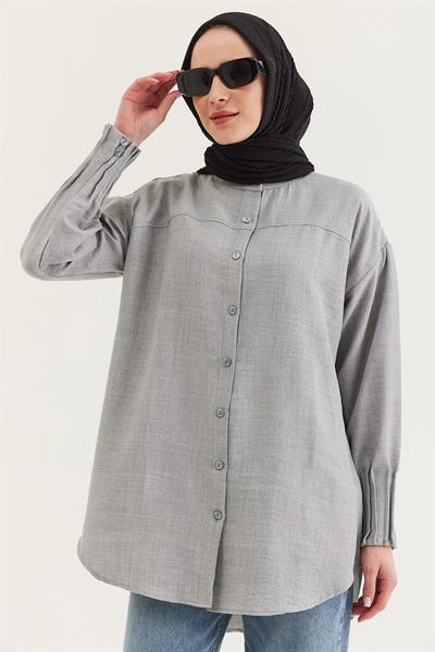 Keten Kumaş Kol Nervül Detaylı Gömlek Tunik Gri