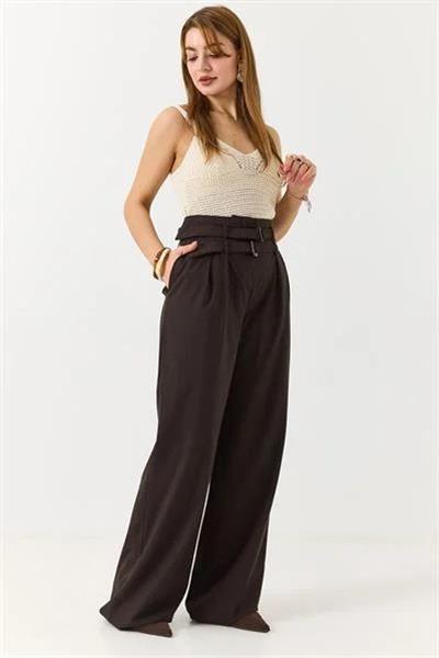 Kadın Çift Kemerli Salaş Kesim Bol Paça Pantolon Kahverengi