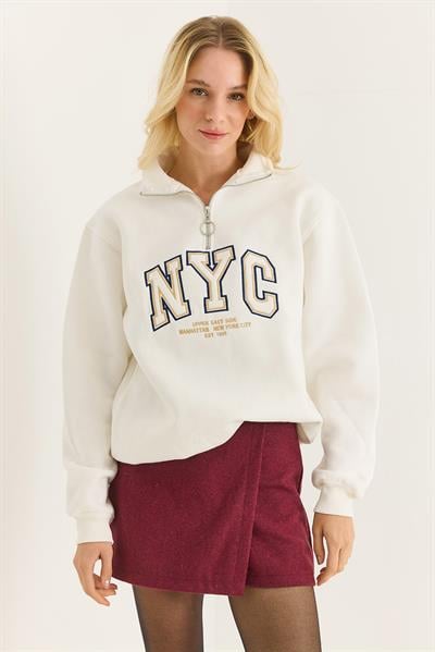 Nyc Nakışlı Fermuar Detaylı Dik Yaka Oversize Sweatshirt Beyaz