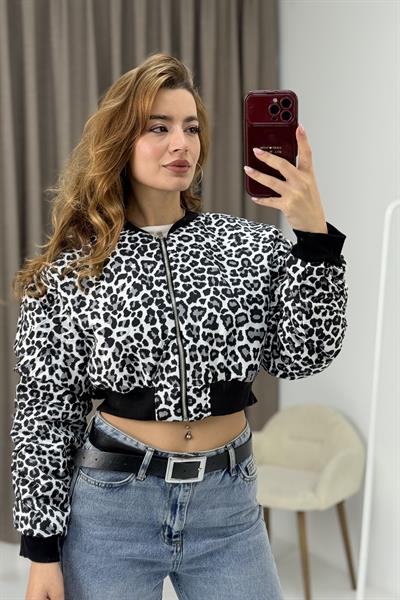 Leopar Desen Crop Şişme Mont Gri 